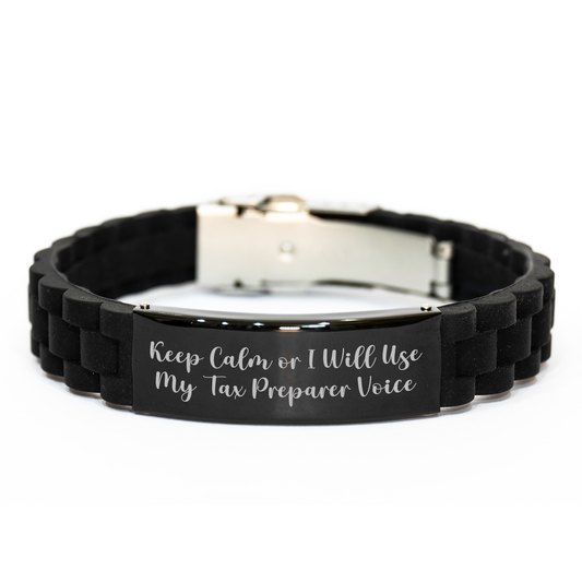 Tax Preparer Gifts from Friends, Funny Quote Glide lock Clasp Black Stainless Steel Adjustable Graduation Gift for Tax Preparer, Keep Calm or I Will Use My Tax Preparer Voice - Image 1