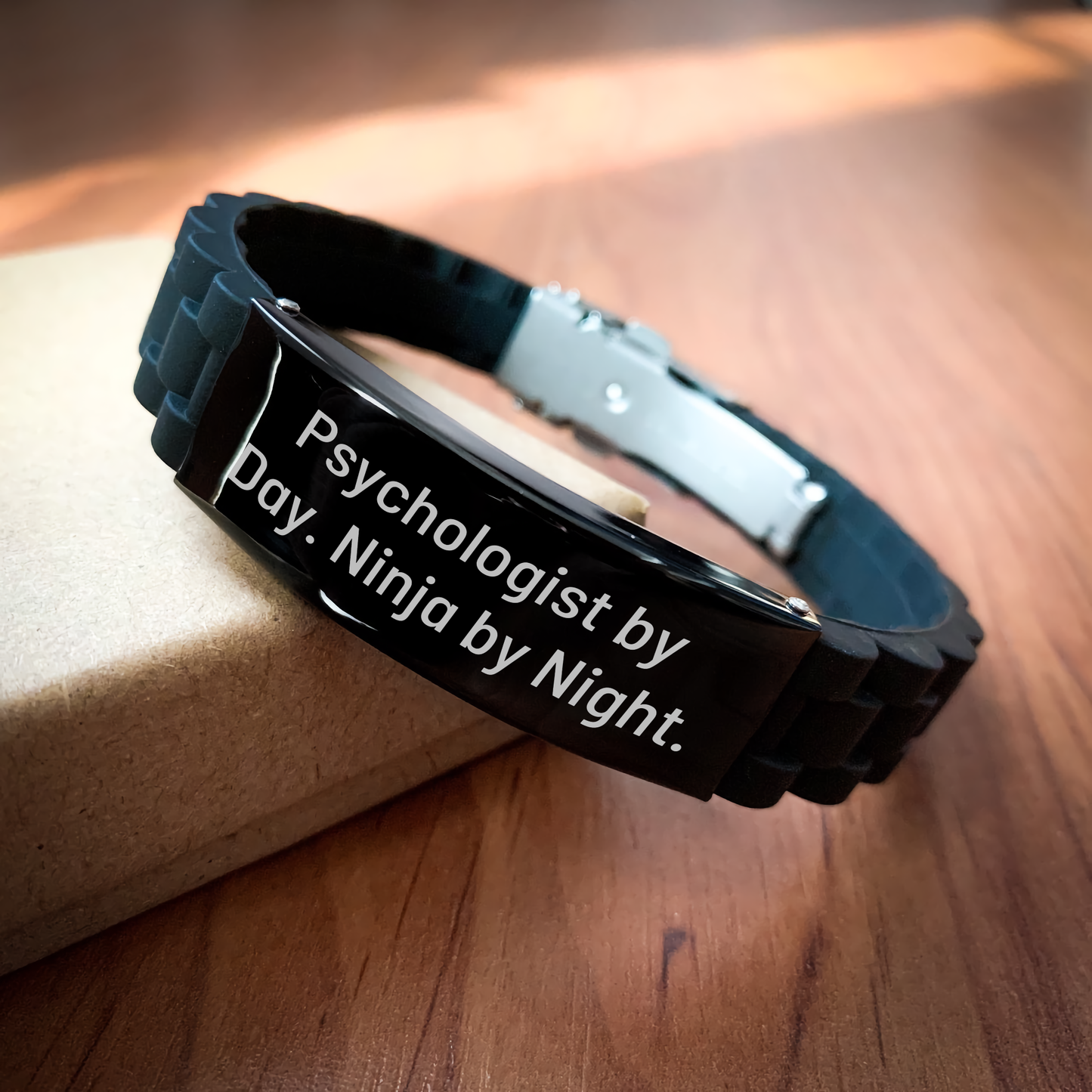 Psychologist Gifts by Day, Ninja by Night, Funny Glide lock Clasp Black Stainless Steel Silicone Adjustable Black Strap for Men, from Coworkers, Family, Friends - Image 2