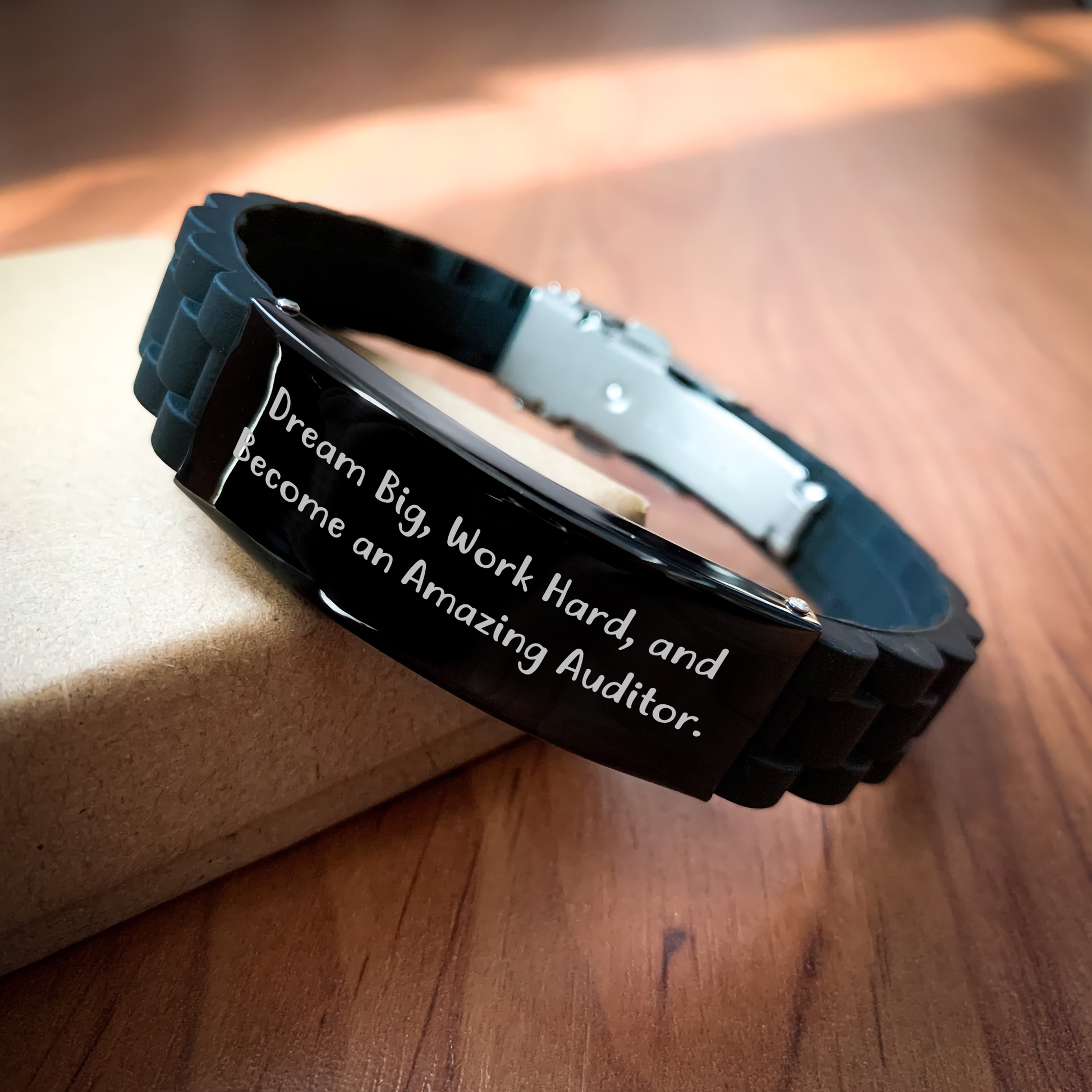 Inspirational Auditor Gifts from Friends for Graduation - Dream Big, Work Hard, Glide lock Clasp Bracelet, Adjustable Silver, Black Stainless Steel, and Silicone - Image 2