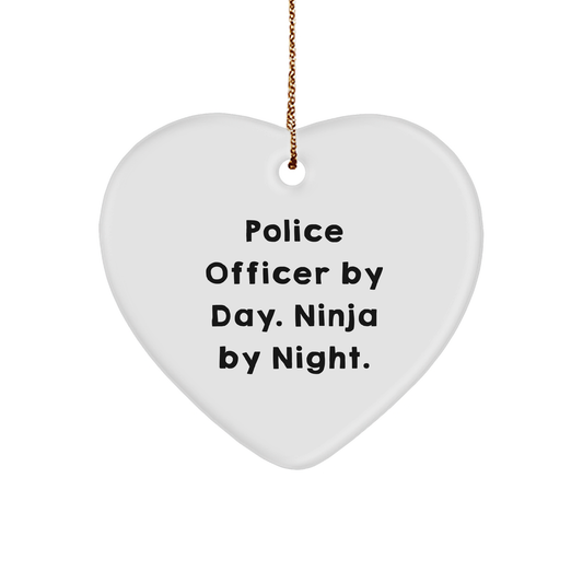 Police Officer Gifts for Christmas - 'Police Officer By Day. Ninja By Night.' Heart Ornament, Funny Gift for Men, White Heart Shaped, Durable MDF Material - Image 1