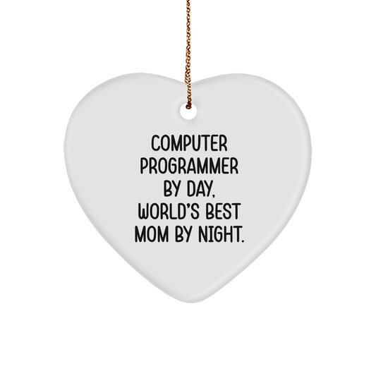 Computer Programmer Gifts from Mom, Heart Ornament for Christmas, 'Computer Programmer by Day, World's Best Mom By Night.' - Image 1