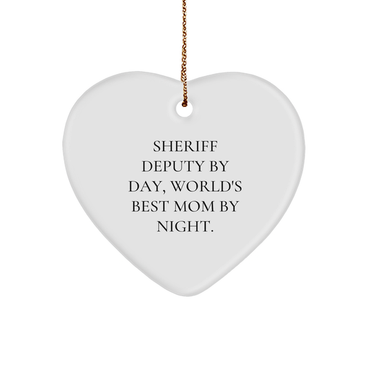 Funny Sheriff Deputy Gifts, Sheriff Deputy By Day, World's Best Mom By Night. Heart Ornament for Christmas - Image 1