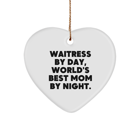 Funny Waitress Gifts for Her, Heart Ornament with 'Waitress By Day, World's Best Mom By Night.' Quote, Ideal Gifts from Friends, Family, Coworkers, or Lovers for Christmas - Image 1
