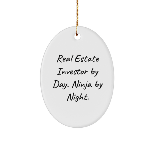 Real Estate Investor Gifts, Funny Quote Oval Ornament, White, 3.25" Tall, 'Real Estate Investor By Day. Ninja By Night.' - Gifts from Men to Real Estate Investors for Christmas - Image 1