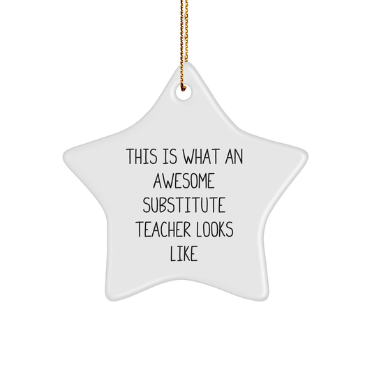 Funny Substitute Teacher Gifts from Friends, Unique Star Ornament for Christmas, 'This Is What An Awesome Substitute Teacher Looks Like' Quote - Image 1