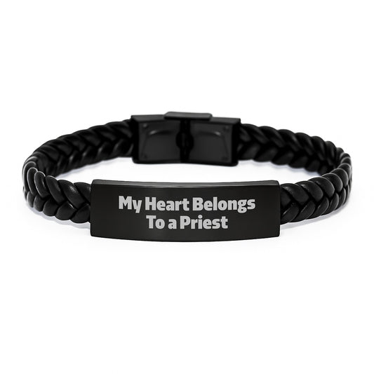 Funny Priest Quotes Interlaced Leather Bracelet Gifts for Men from Friends, Birthday Unique Gifts for Priest, My Heart Belongs To A Priest Gift - Image 1