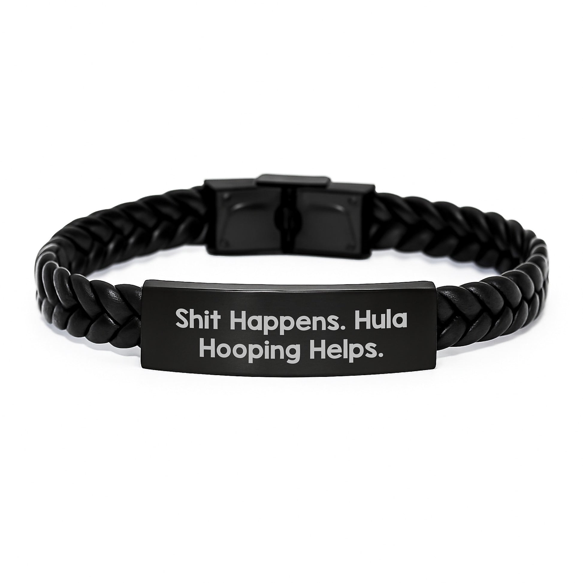 Funny Hula Hooping Gifts for Men - 'Shit Happens. Hula Hooping Helps.' Interlaced Leather Bracelet, Birthday Unique Gifts from Friends, Coworkers, Family - Image 1