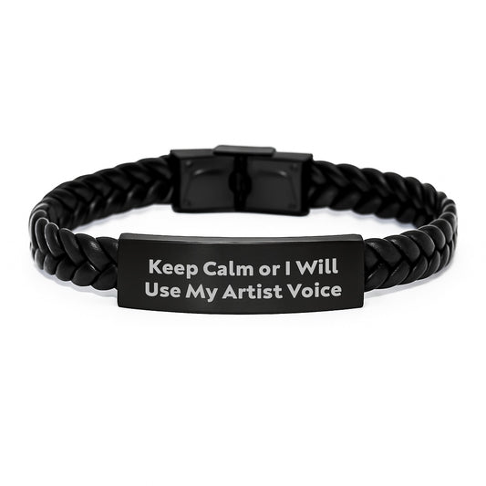 Funny Artist Gifts from Mom, Unique Interlaced Leather Bracelet with Engraved Quote 'Keep Calm Or I Will Use My Artist Voice', Perfect for Artist Women, Men, Friends, Family on Mother's Day - Image 1