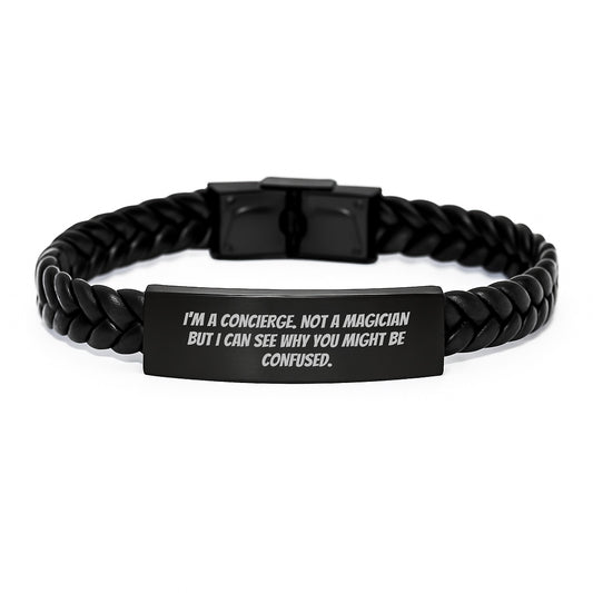 Concierge Gifts for Men - Unique Interlaced Leather Bracelet Gifts from Concierge Friends, Funny Quote - Gifts for Concierge - Image 1