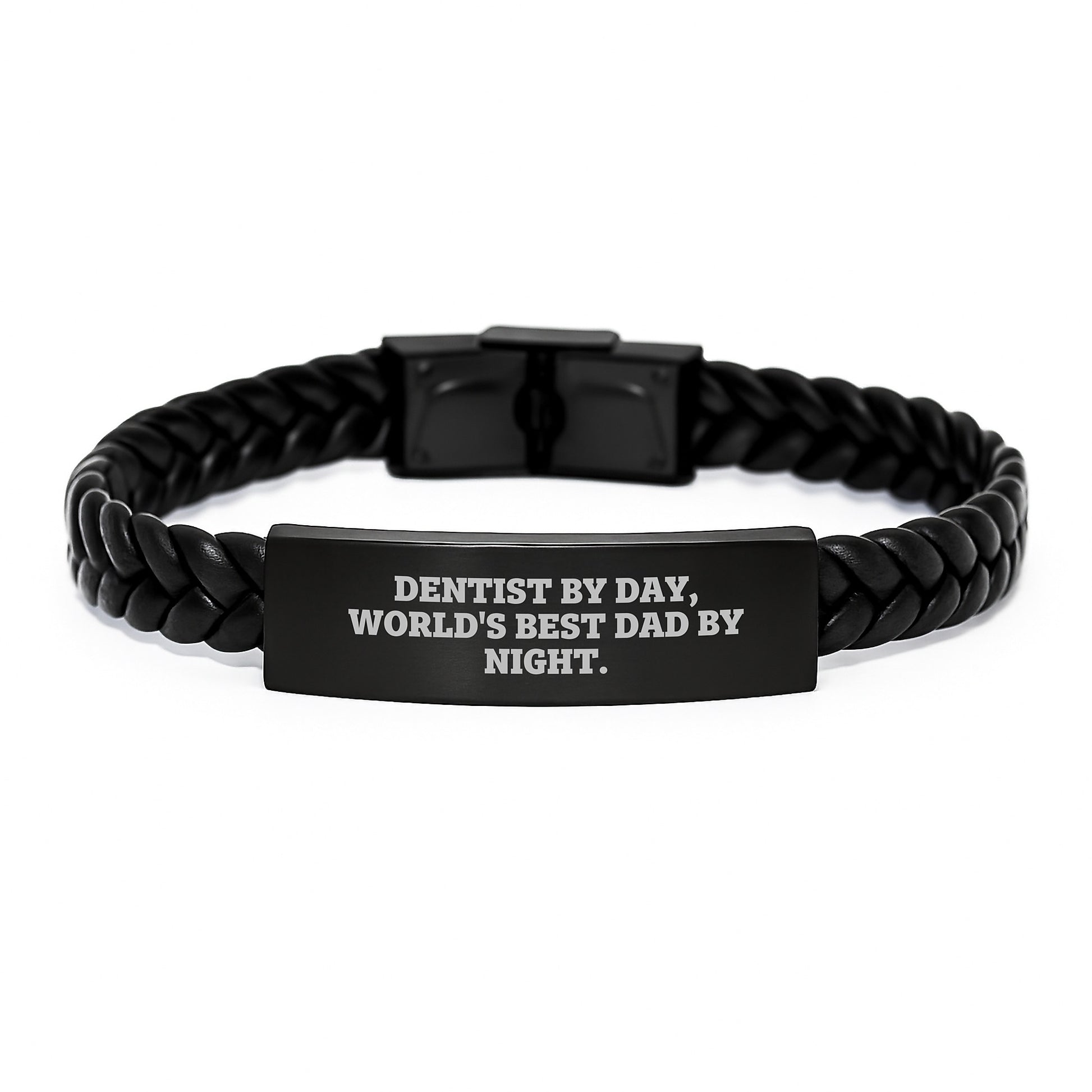 Funny Dentist Gifts for Men - 'Dentist By Day, World's Best Dad By Night' Interlaced Leather Bracelet, Stainless Steel and PU Leather, Christmas Unique Gift for Husband - Image 1