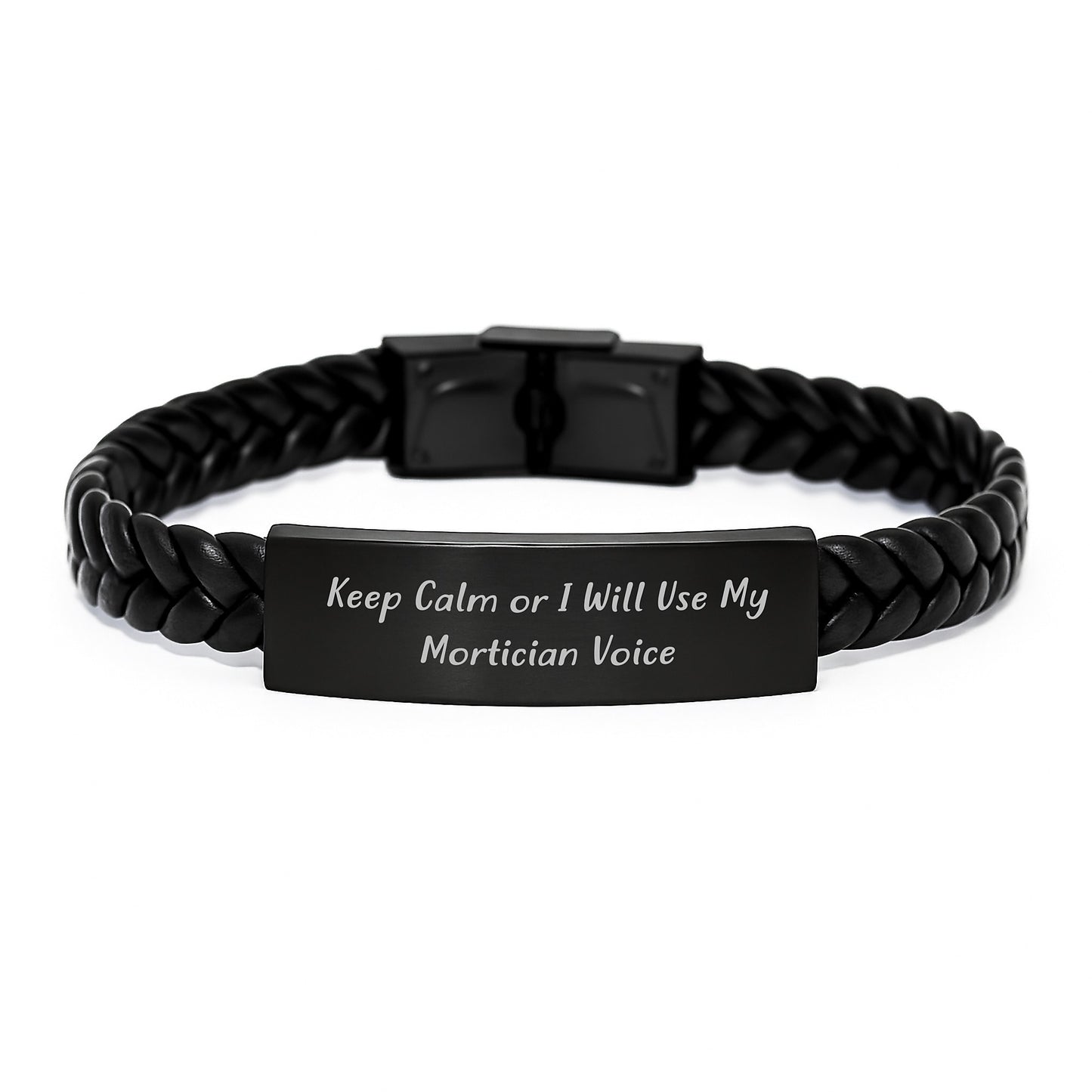 Mortician Humor Gifts for Friends - Keep Calm Interlaced Leather Bracelet, Funny Birthday Unique Gift from Men to Mortician, 7.87 inches Stainless Steel and PU Leather - Image 1