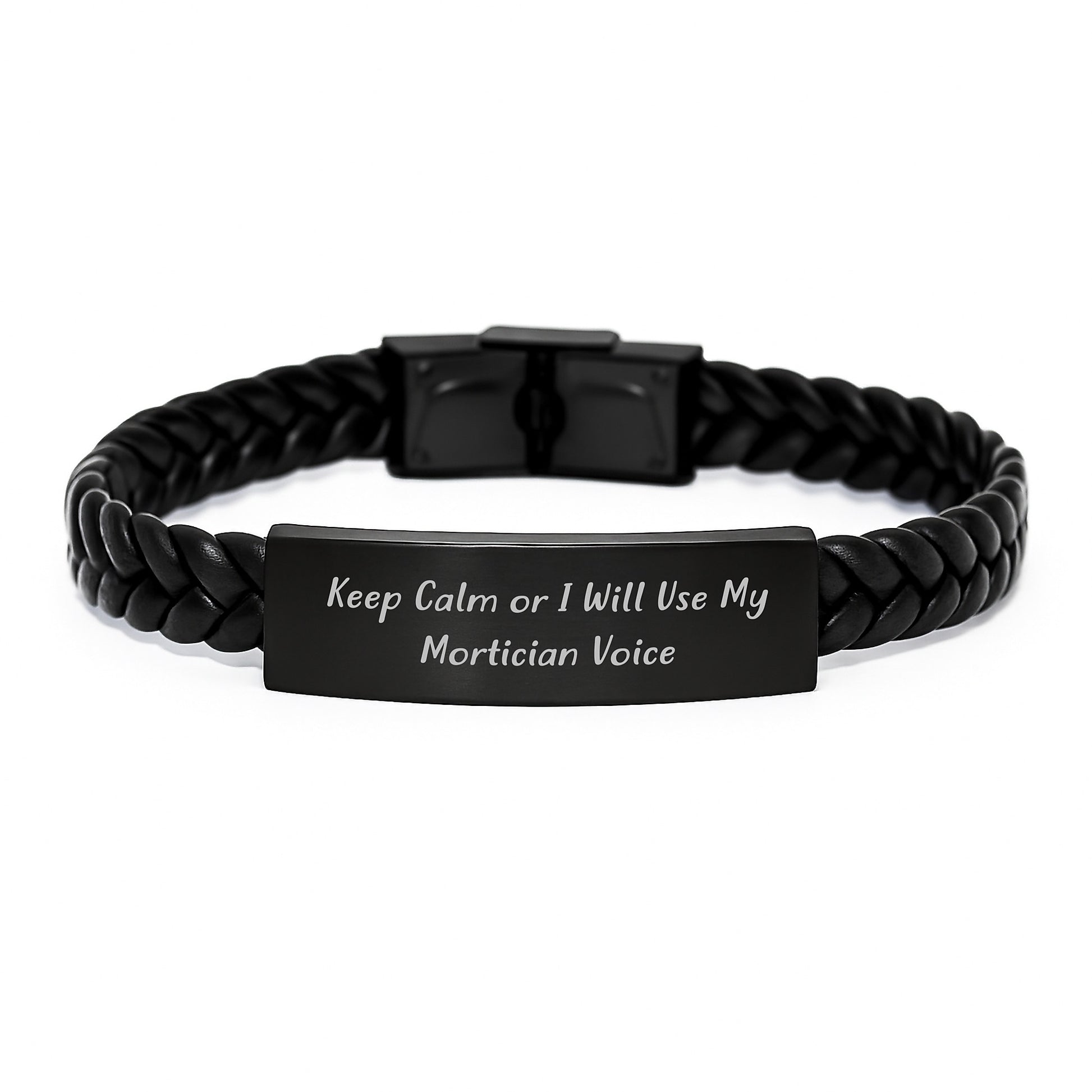 Mortician Humor Gifts for Friends - Keep Calm Interlaced Leather Bracelet, Funny Birthday Unique Gift from Men to Mortician, 7.87 inches Stainless Steel and PU Leather - Image 1