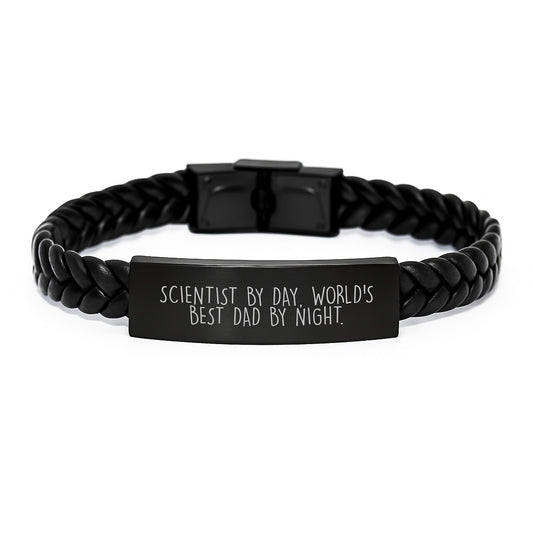 Funny Scientist Gifts, Christmas Unique Gifts for Scientist, Interlaced Leather Bracelet from Dad - 'Scientist By Day, World's Best Dad By Night.' - Image 1