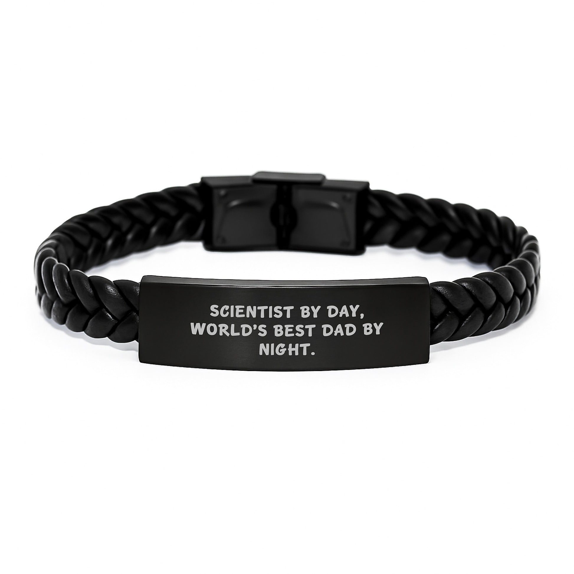 Scientist Gifts from Family, Christmas Unique Presents for Scientist Men Leather Bracelet, 'Scientist By Day, World's Best Dad By Night.' Quote Interlaced Leather Strap - Image 1