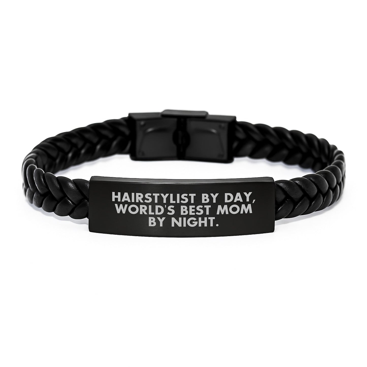 Funny Hairstylist Gifts from Mom for Christmas Unique Gifts, Interlaced Leather Bracelet for Hairstylist By Day, World's Best Mom By Night. - Image 1