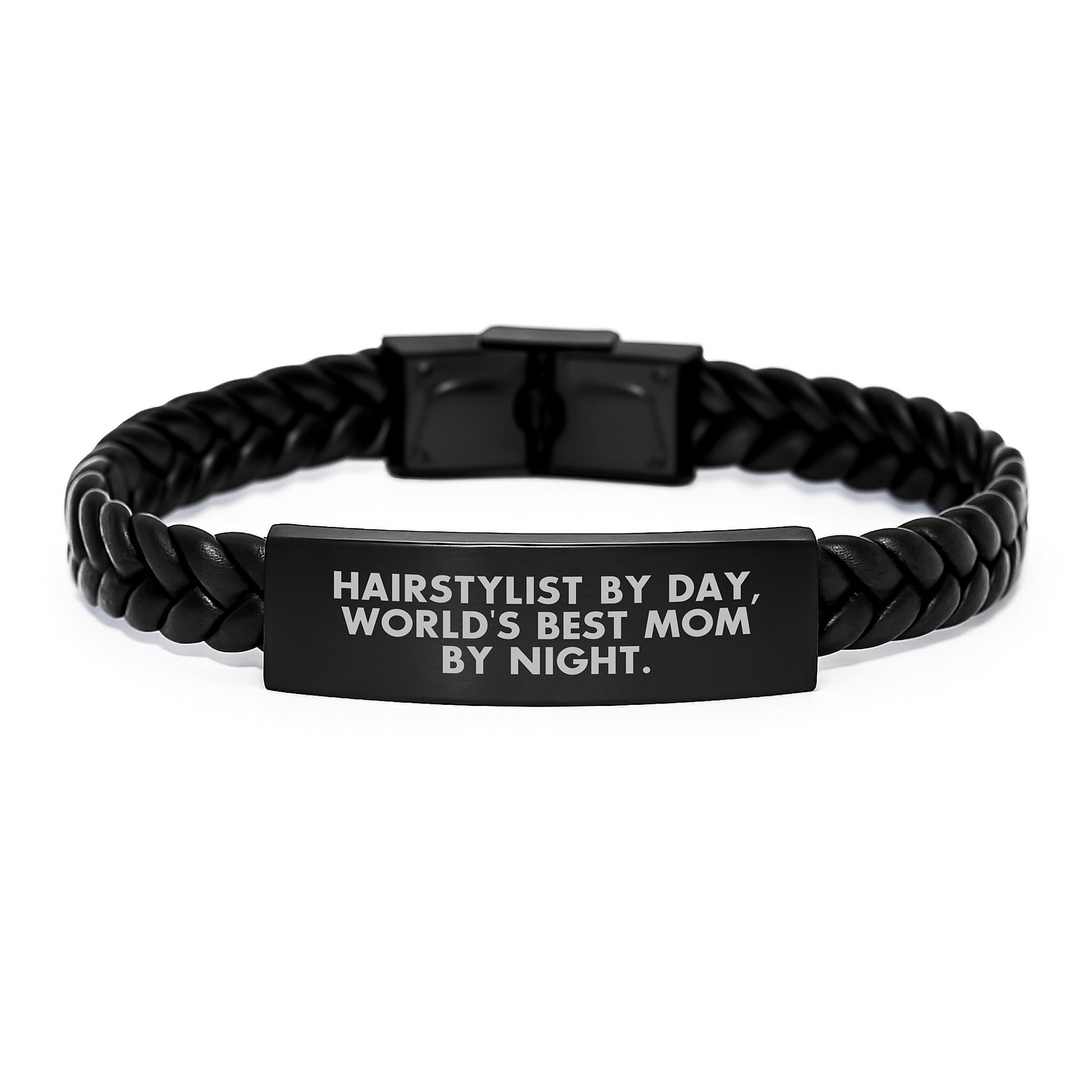 Funny Hairstylist Gifts from Mom for Christmas Unique Gifts, Interlaced Leather Bracelet for Hairstylist By Day, World's Best Mom By Night. - Image 1
