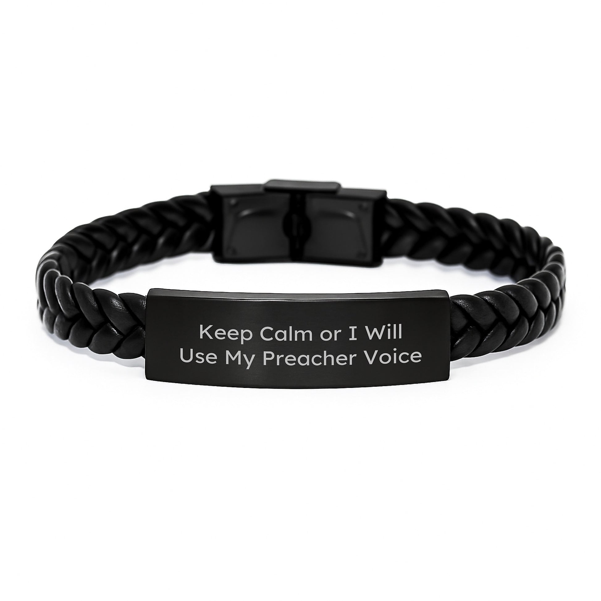 Funny Preacher Christmas Unique Gifts from Men to Preachers - Unique Interlaced Leather Bracelet with Keep Calm Or I Will Use My Preacher Voice - Image 1