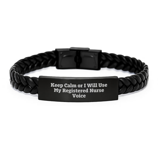 Funny Registered Nurse Gifts from Friends, Christmas Unique Interlaced Leather Bracelet for Registered Nurse, Keep Calm or I'll Use My RN Voice - Image 1