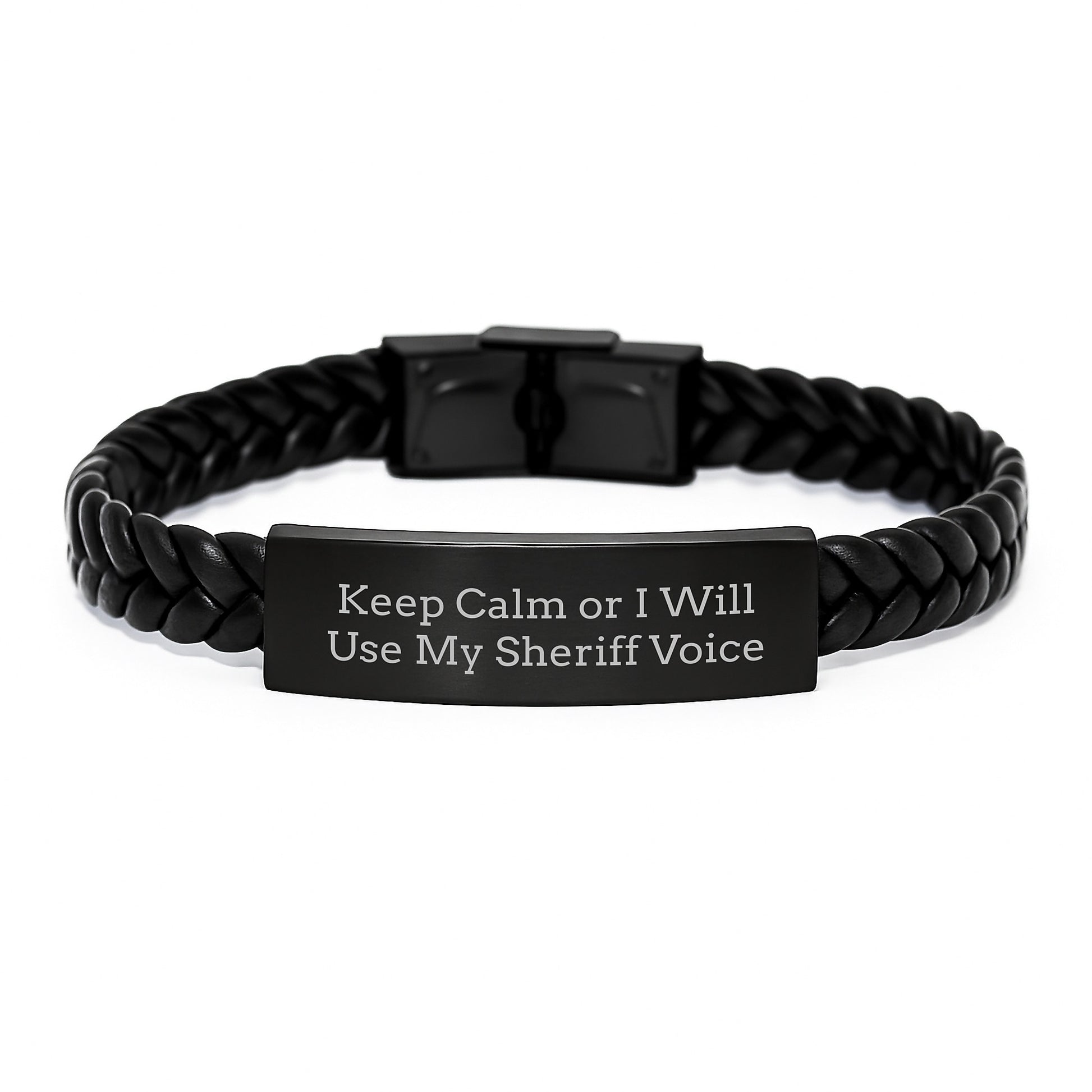 Funny Sheriff Gifts, Christmas Unique Gifts for Sheriff, Funny Sheriff Interlaced Leather Bracelet - 'Keep Calm Or I Will Use My Sheriff Voice' - Image 1