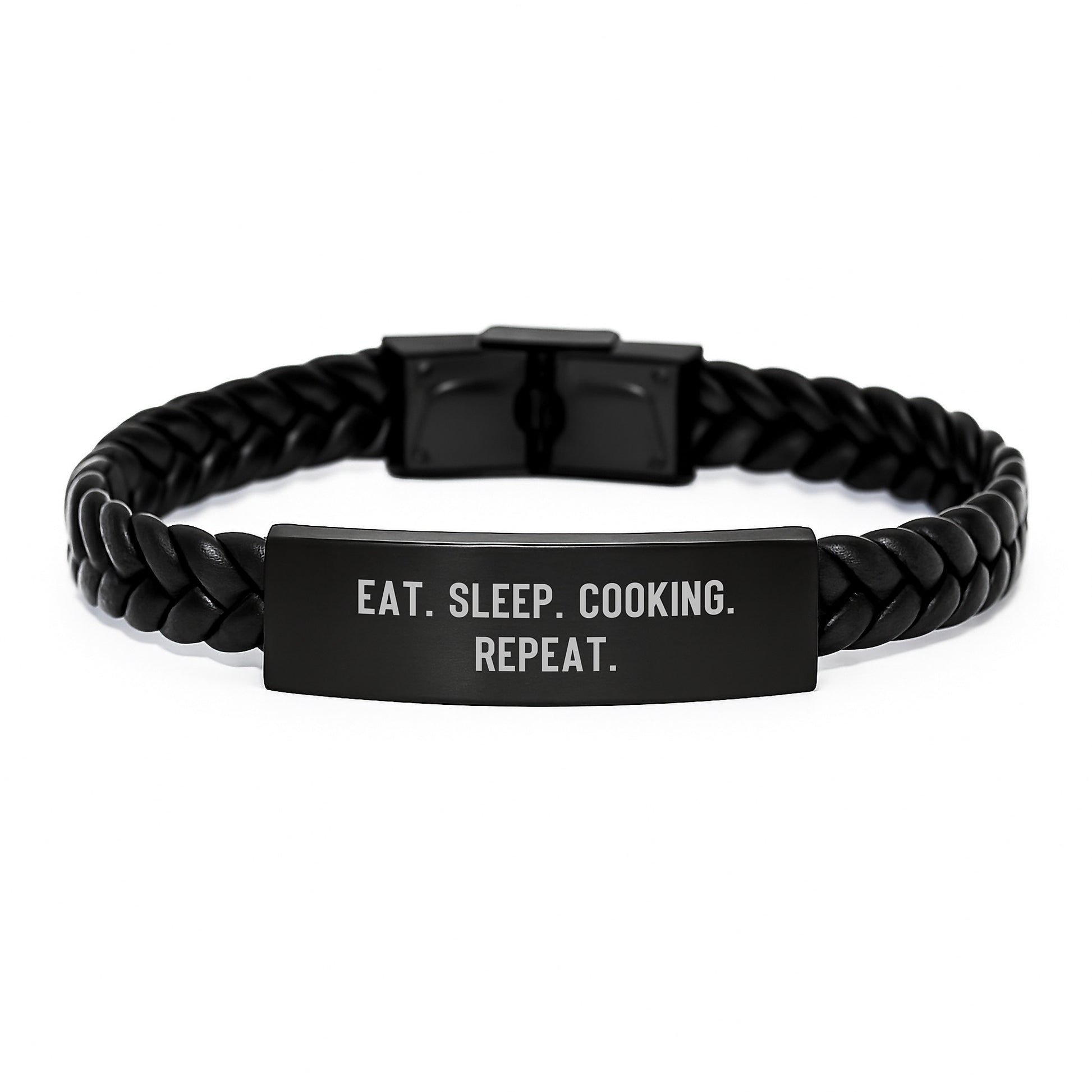Funny Cooking Gifts for Men - Interlaced Leather Bracelet, Gifts from Friends to Family, Unique Christmas Unique Gifts, Eat. Sleep. 'Cooking. Repeat.' - Image 1
