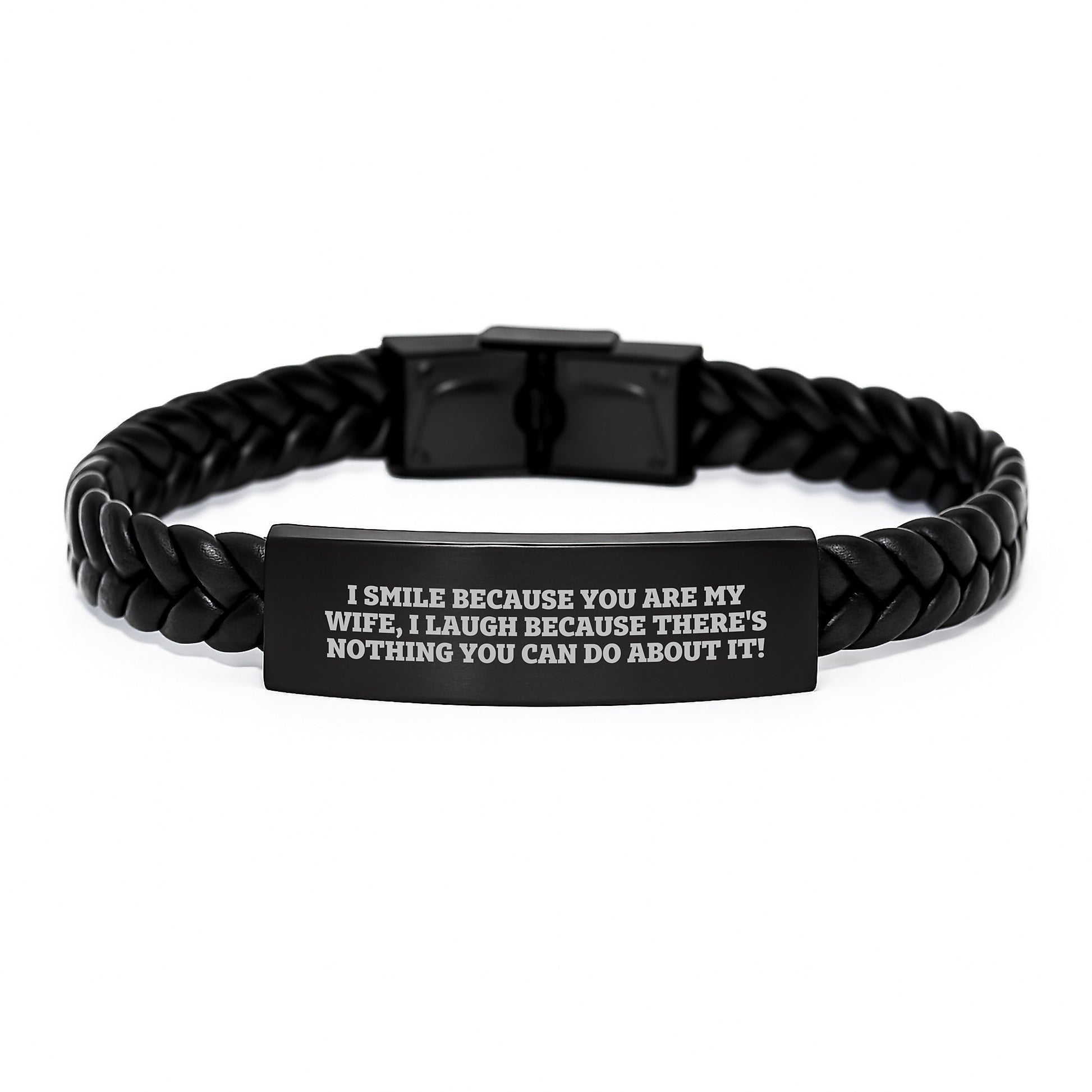 Funny Wife Love Gift Interlaced Leather Bracelet, Gifts from Men to Wife on Valentine's, Engraved Stainless Steel, Unique Wife Jewelry, I Smile Because You Are My Wife - Image 1