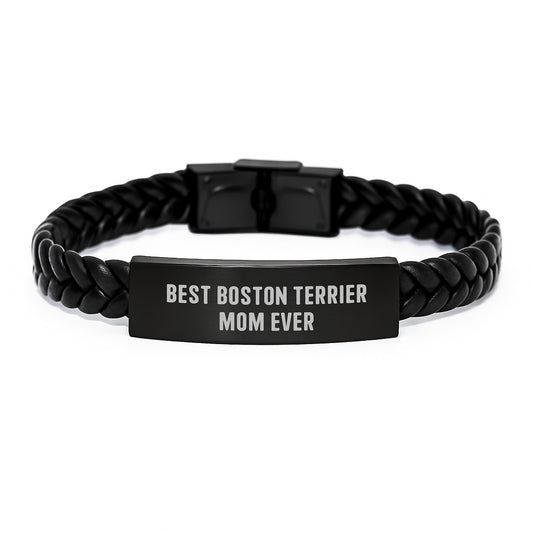 Funny Boston Terrier Mom Gifts, Interlaced Leather Bracelet for Women, Birthday Unique Gifts from Friends to Boston Terrier Dog Lover, Best Boston Terrier Mom Ever - Image 1
