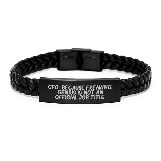 CFO Christmas Unique Gifts from Friends Coworkers Family - Funny Interlaced Leather Bracelet, 'Cfo. Because Freaking genius Is Not An Official Job Title.' - Image 1