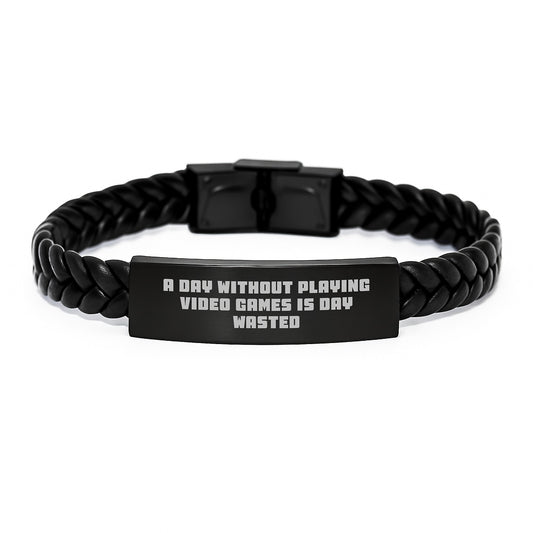 Funny Video Game Lover Gifts from Friends - A Day Without Playing Video Games Is Day Wasted Interlaced Leather Bracelet Birthday Unique Ideas for Men and Women Playing Video Games Enthusiasts - Image 1