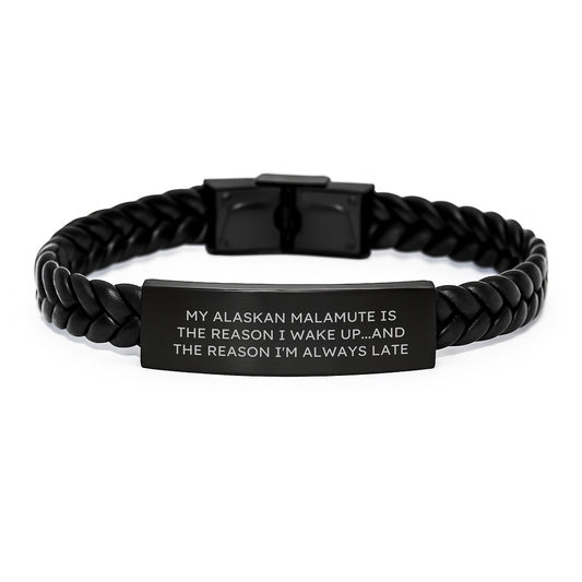 Funny Alaskan Malamute Dog Gifts for Men - Interlaced Leather Bracelet, Birthday Unique Gifts from Friends, Alaskan Malamute Dog Lover's Engraved Stainless Steel, Gift Ideas for Birthday - Image 1