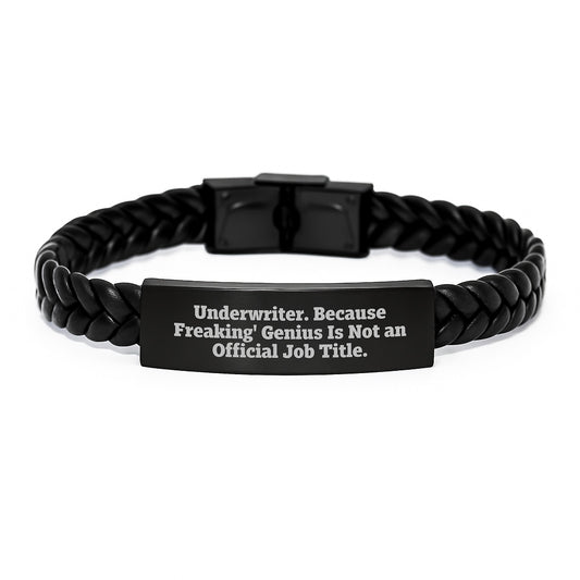 Underwriter Gifts Funny Quote Interlaced Leather Bracelet for Him, 'Freaking genius' Christmas Unique Gifts from Men, Adjustable Stainless Steel PU Leather Cuff - Image 1