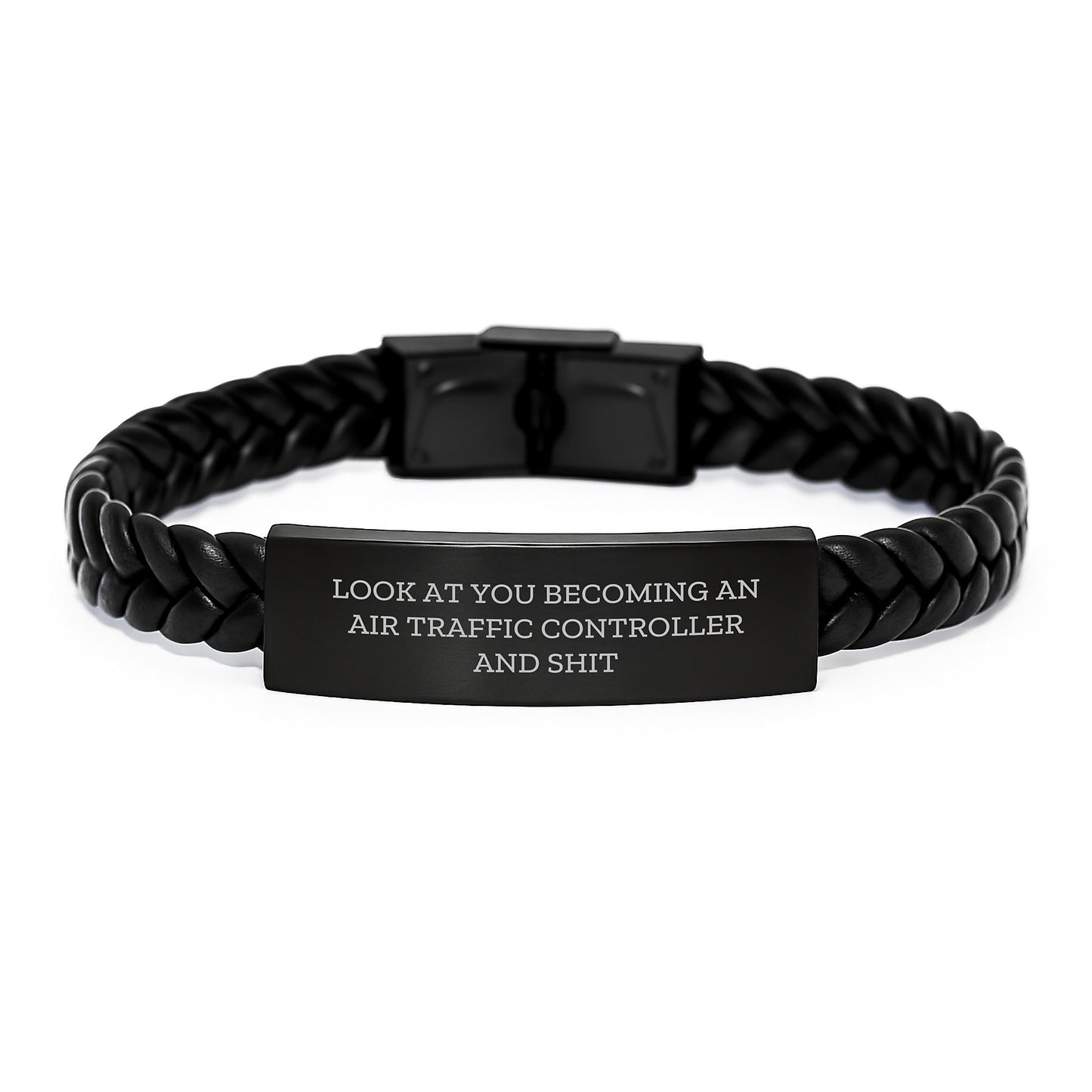 Funny Air Traffic Controller Gifts for Men, Unique Graduation Unique Interlaced Leather Bracelet with Funny Quote 'Look At You Becoming An Air Traffic Controller And Shit' from Friends, Family - Image 1