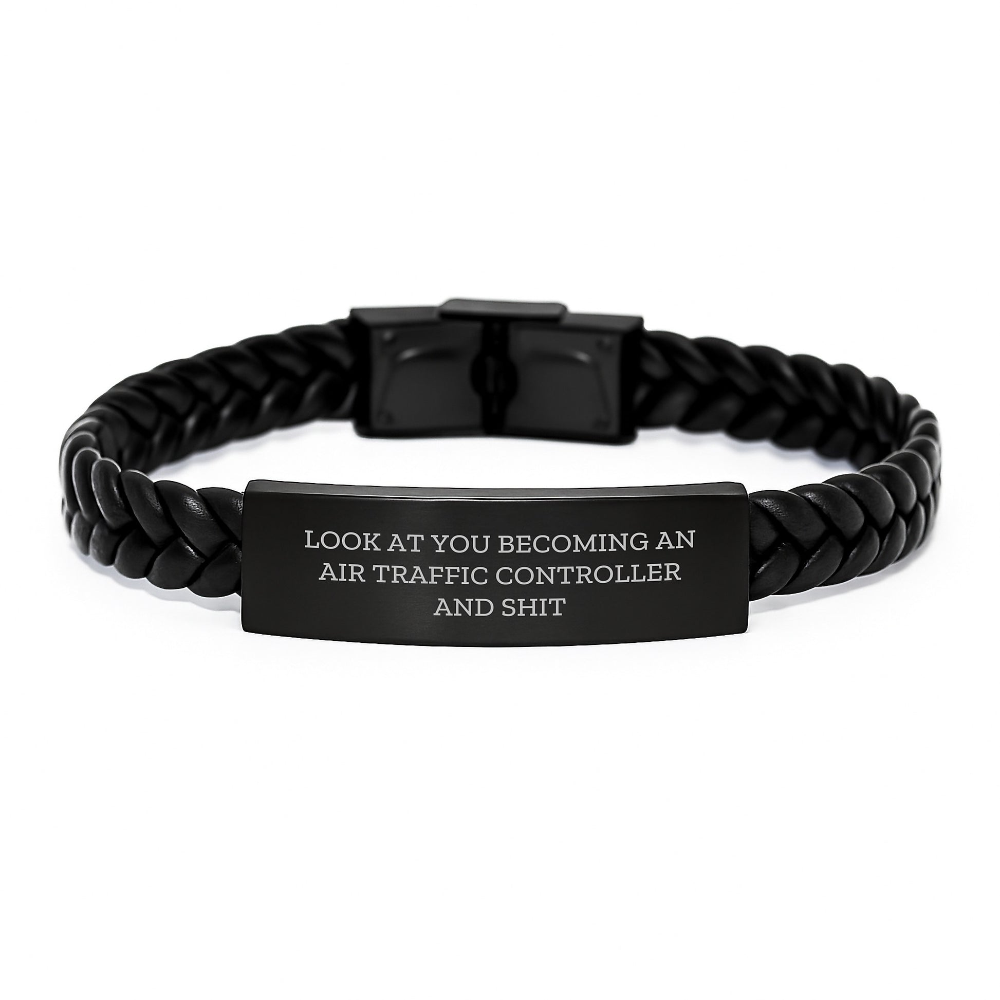 Funny Air Traffic Controller Gifts for Men, Unique Graduation Unique Interlaced Leather Bracelet with Funny Quote 'Look At You Becoming An Air Traffic Controller And Shit' from Friends, Family - Image 1