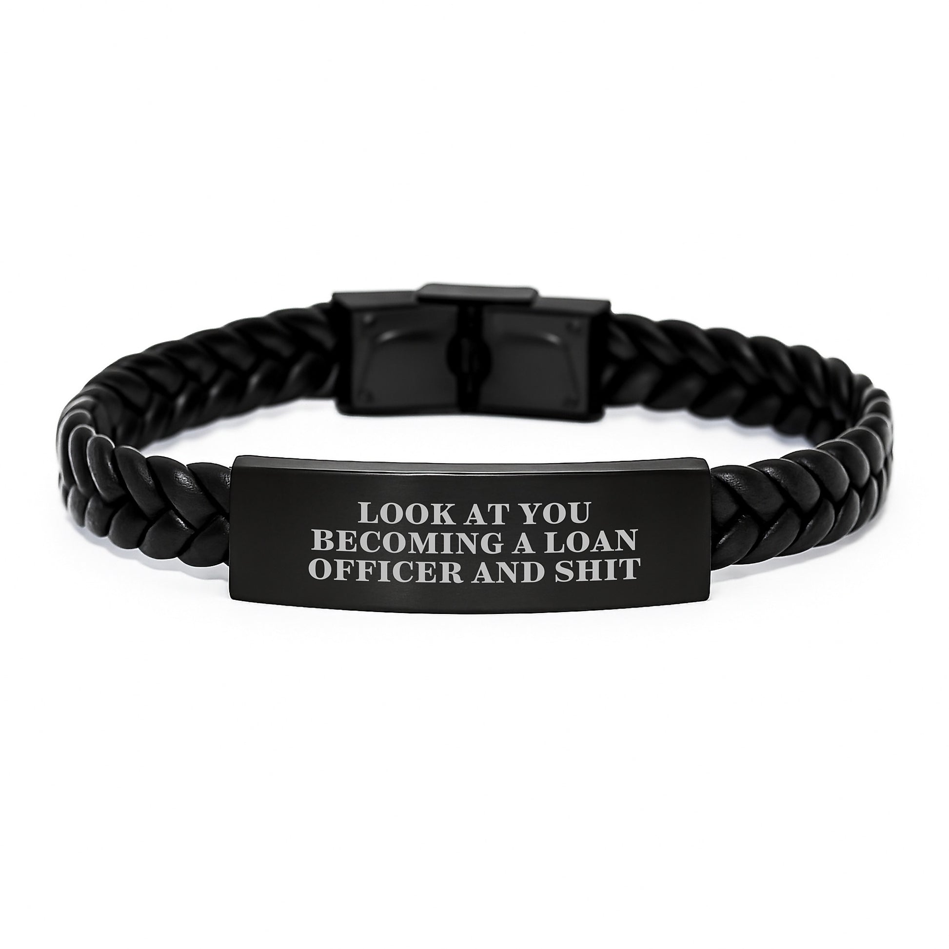 Funny Loan Officer Gifts for Him, Interlaced Leather Bracelet with Stainless Steel, Perfect Graduation Unique Gifts from Friends, Inspirational Quote Inside: 'Look At You Becoming A Loan Officer' - Image 1