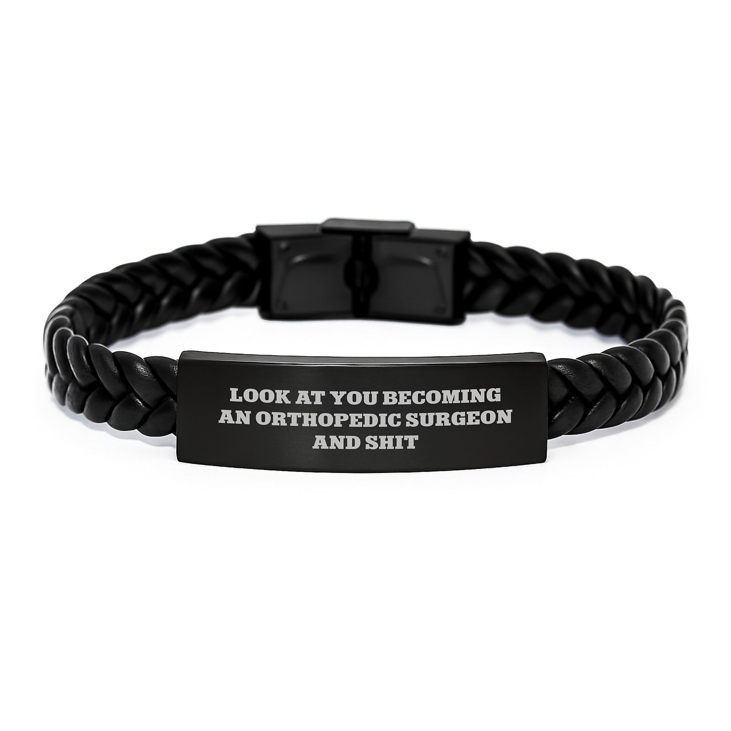 Orthopedic Surgeon Funny Graduation Gift, Interlaced Leather Bracelet for Men, Gifts from Friends to Become a Surgeon and Shit, Stainless Steel Engraved - Image 1