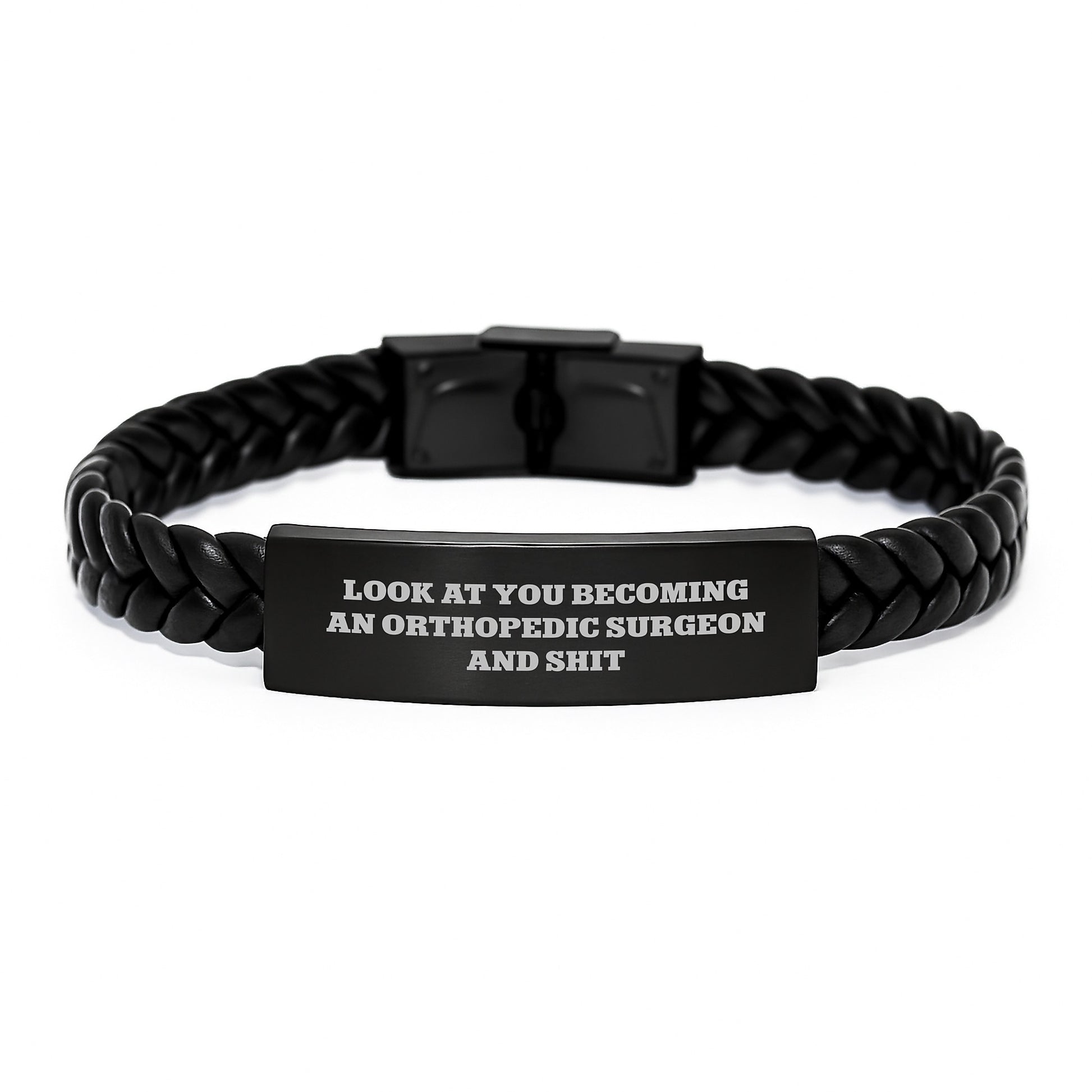 Orthopedic Surgeon Funny Graduation Gift, Interlaced Leather Bracelet for Men, Gifts from Friends to Become a Surgeon and Shit, Stainless Steel Engraved - Image 1