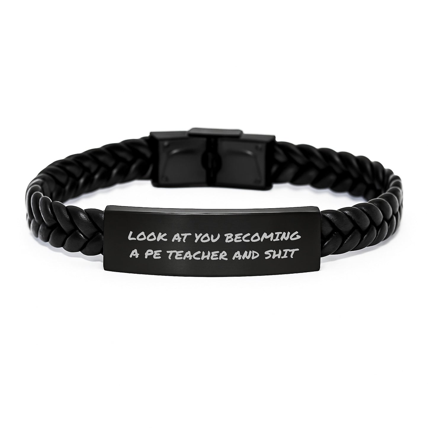 Funny Gift for PE Teacher Men - Interlaced Leather Bracelet with Engraved Stainless Steel, Christmas Unique Presents for Him from Friends or Family - Image 1