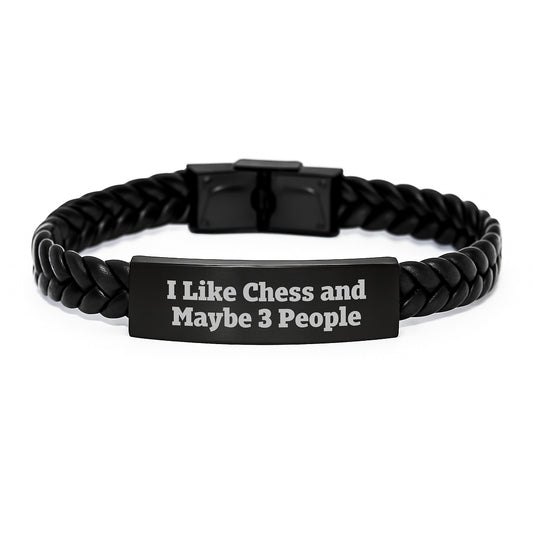 Funny Chess Gifts for Men from Friends - Interlaced Leather Bracelet with Engraved Stainless Steel for Chess Enthusiasts - Image 1