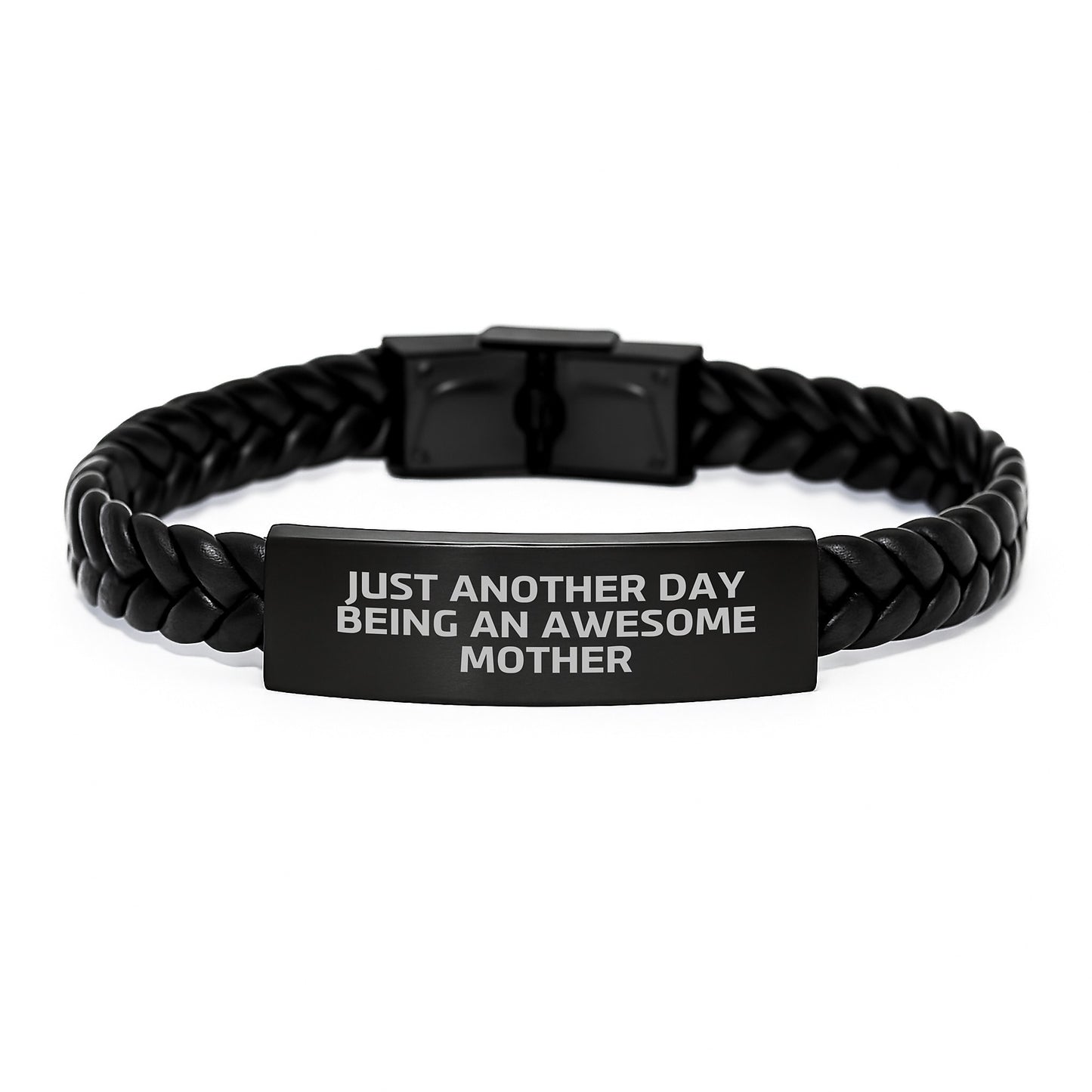 Funny Mother's Day Unique Gifts from Men to Awesome Mothers, Interlaced Leather Bracelet for Graduation, Quote: 'Just Another Day Being An Awesome Mother' - Image 1
