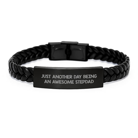Funny Stepdad Gifts from Men, Unique Interlaced Leather Bracelets for Stepdads, 'Just Another Day Being An Awesome Stepdad', Christmas Unique Gifts for Him - Image 1