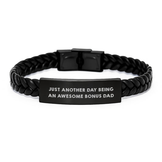 Funny Bonus Dad Gifts from Men, Mother's Day Unique Interlaced Leather Bracelet for Bonus Dad, Just Another Day Being An Awesome Quote - Image 1