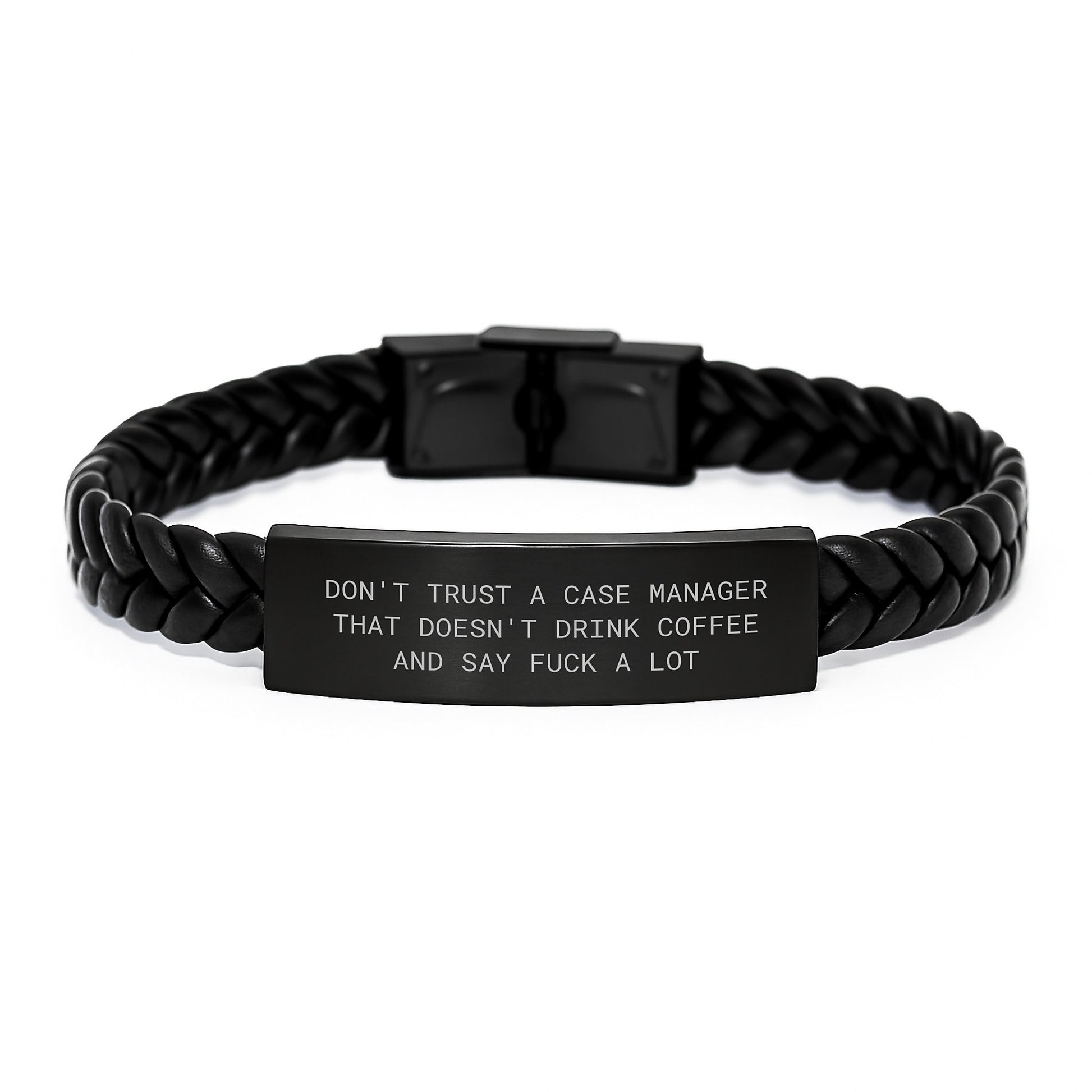 Funny Case Manager Gifts, 'Don't Trust A Case Manager That Doesn't Drink Coffee' Interlaced Leather Bracelet for Men, 7.87 inches, Gifts from Family, Friends, or Coworkers - Image 1
