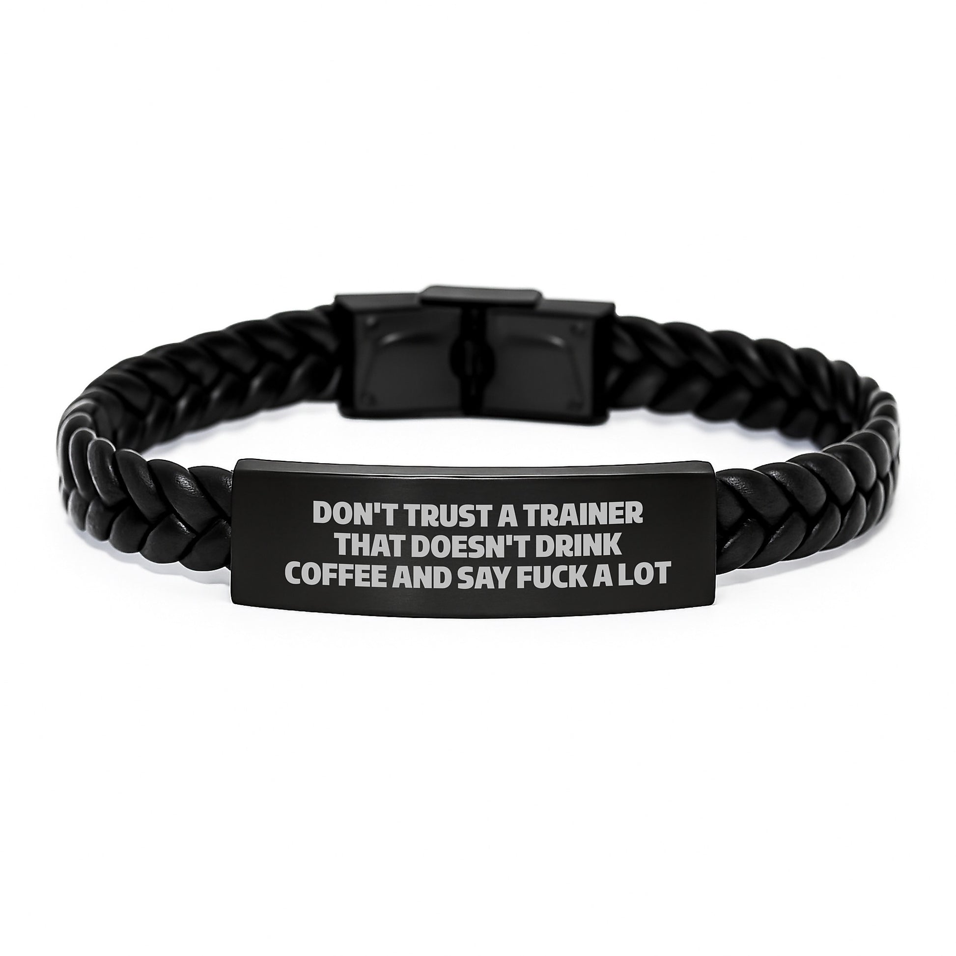 Funny Trainer Gifts, Don't Trust a Trainer That Doesn't Drink Coffee and Say 'F--k a Lot', Interlaced Leather Bracelet for Men and Women, Graduation Unique Gifts from Friends, Coworkers, Family - Image 1