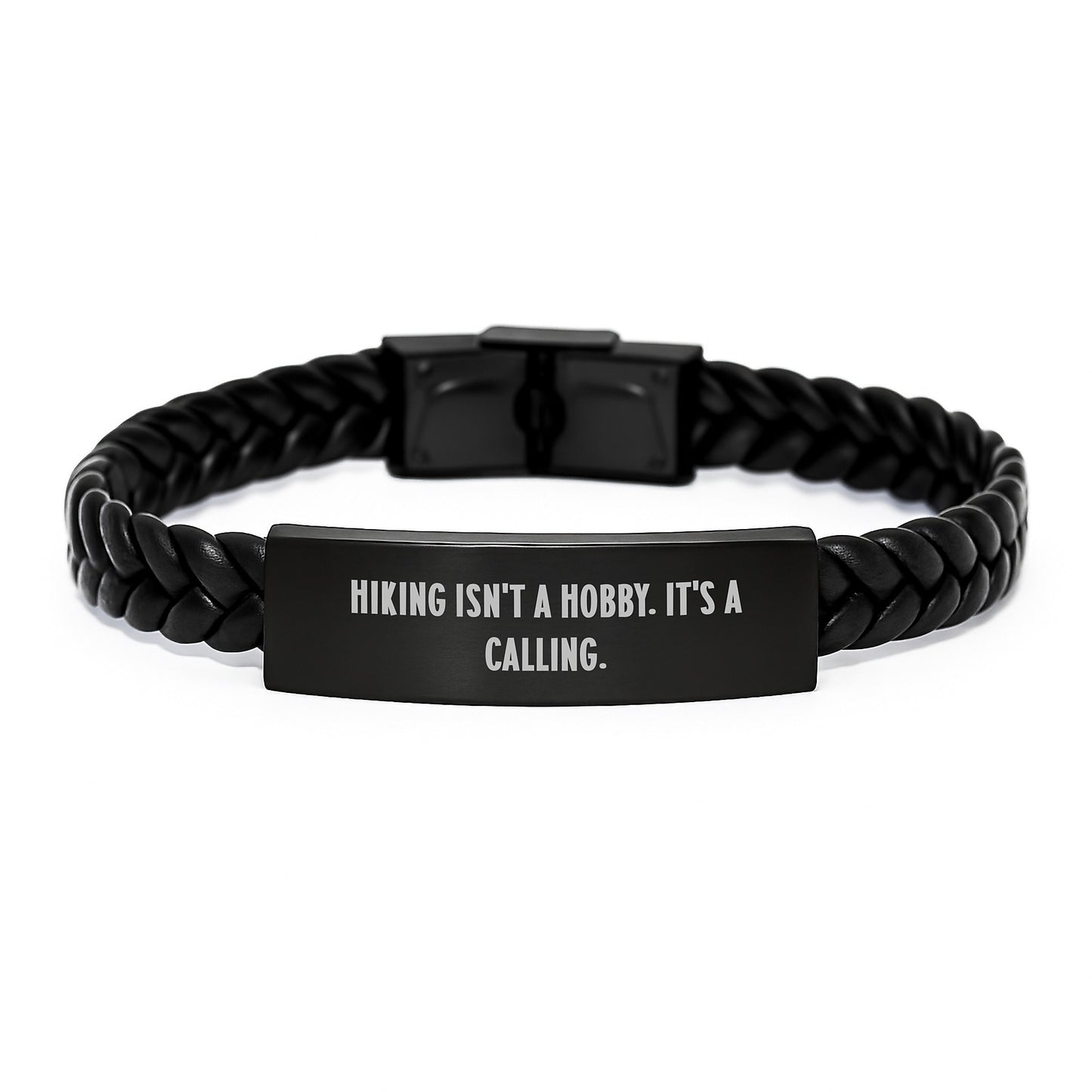Inspirational Hiking Gifts for Men - Unique Graduation Unique Gifts from Family - Interlaced Leather Bracelet with Stainless Steel and PU Leather - Hiking Isn't A Hobby. It's A Calling. - Image 1