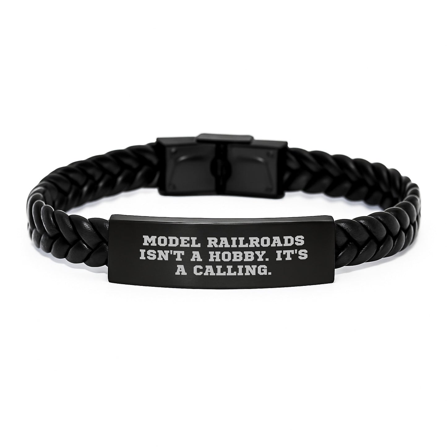 Gifts from Men for Model Railroads Enthusiasts, Inspirational Interlaced Leather Bracelet for Graduation Day, Funny Quote 'Model Railroads Isn't A Hobby. It's A Calling.' - Image 1