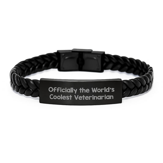 Funny Veterinarian Gifts from Friends, Inspirational Interlaced Leather Bracelet for Men, Officially The World's Coolest Veterinarian - Image 1