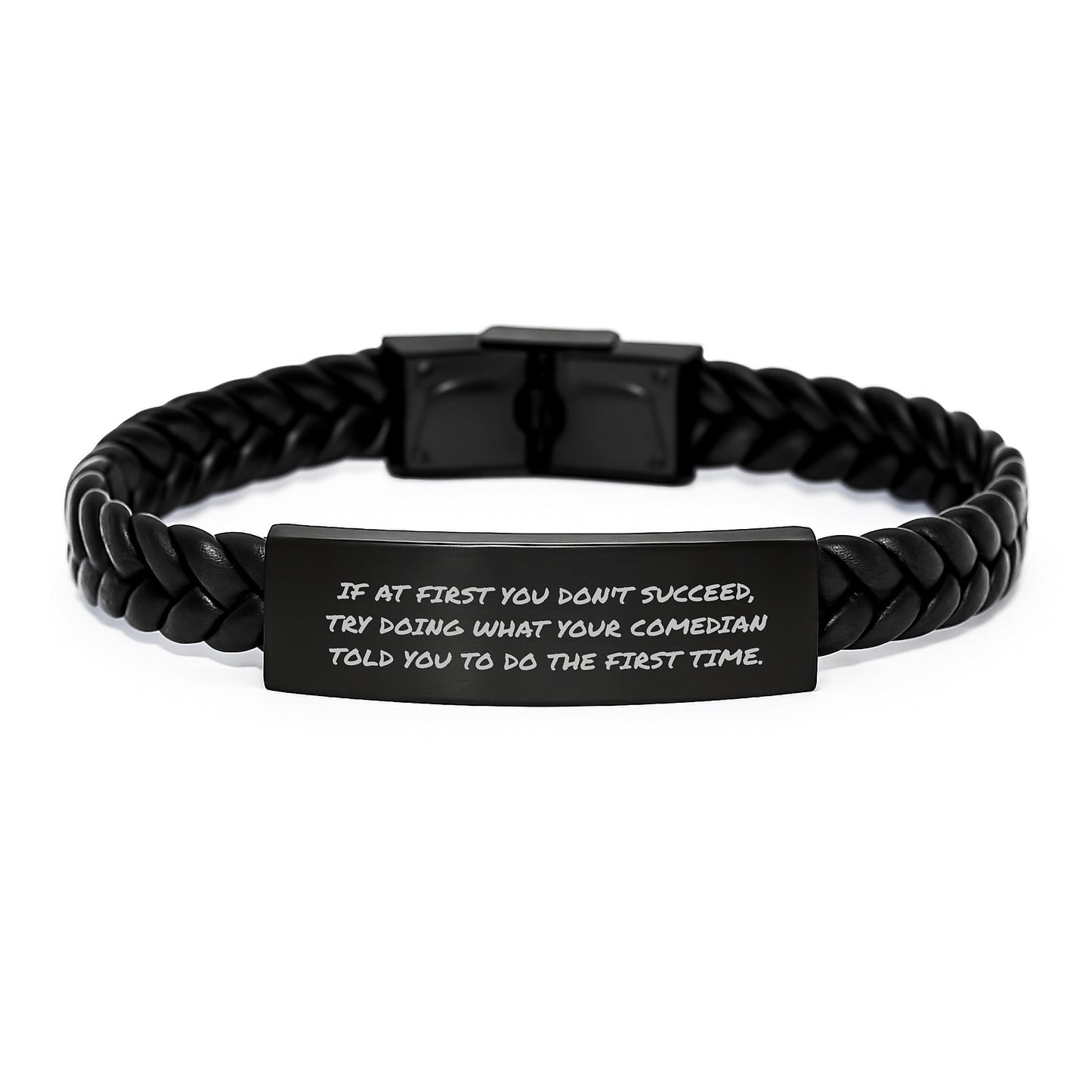 Comedian Funny Quote Interlaced Leather Bracelet, Gifts from Friends for Comedian, Birthday Unique Gifts for Him, Try Again Inspirational Jewelry - Image 1