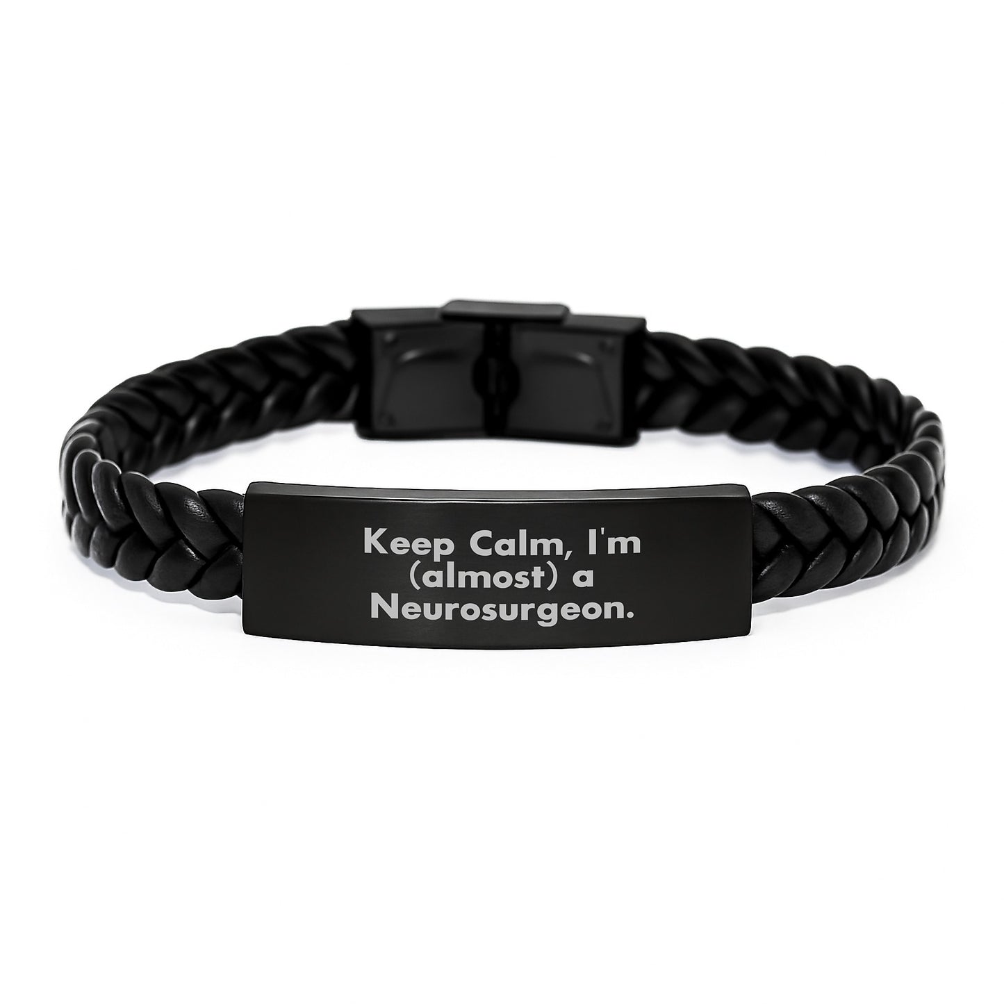 Funny Neurosurgeon Inspirational Gifts from Men to Neurosurgeon Friends on Valentine's Unique Interlaced Leather Bracelet with 'Keep Calm, I'm (almost) A Neurosurgeon.' Quote - Image 1