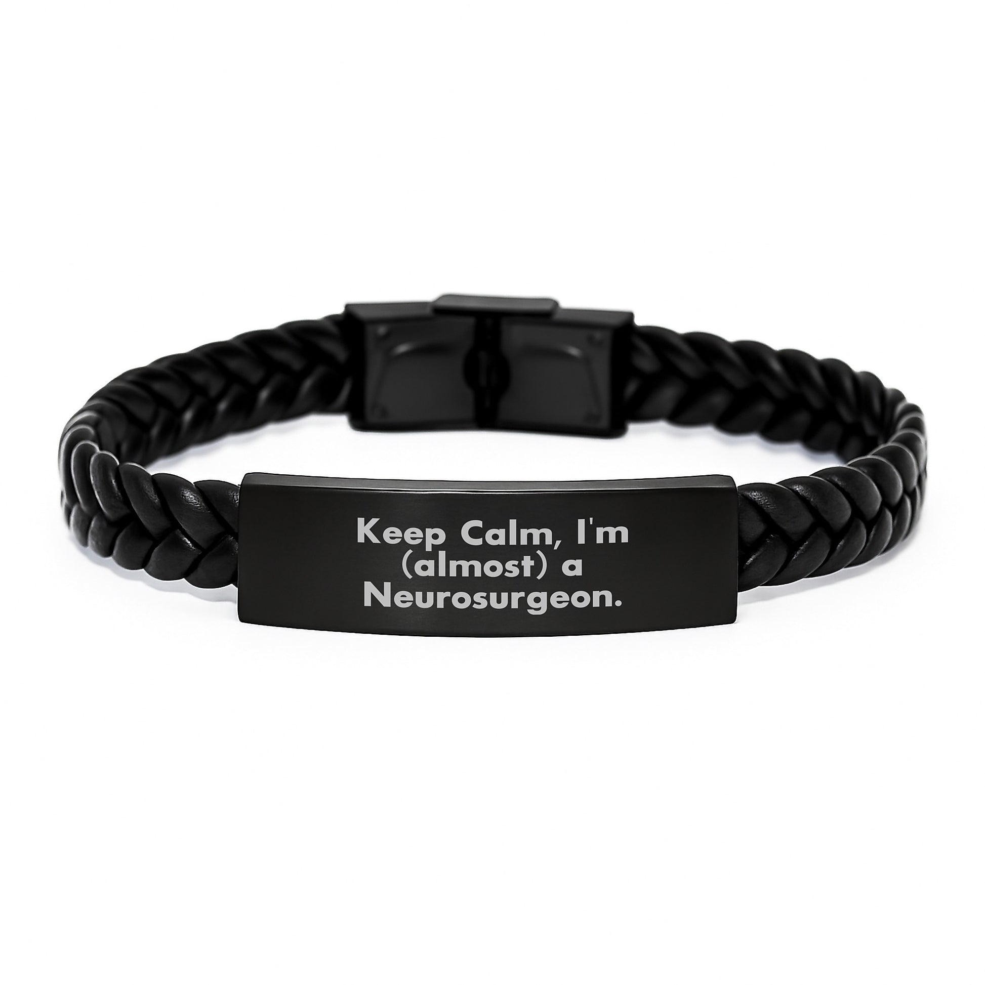 Funny Neurosurgeon Inspirational Gifts from Men to Neurosurgeon Friends on Valentine's Unique Interlaced Leather Bracelet with 'Keep Calm, I'm (almost) A Neurosurgeon.' Quote - Image 1