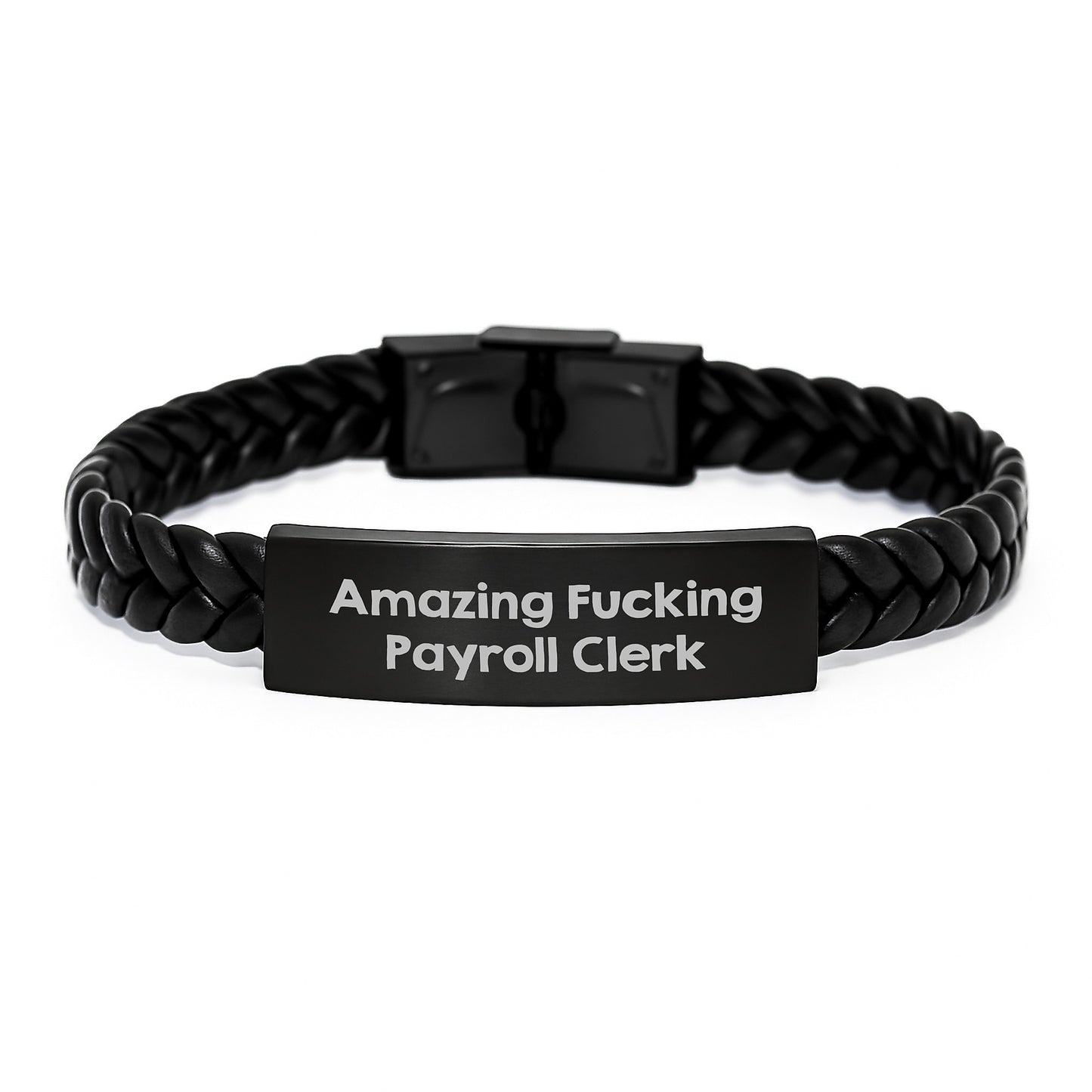 Funny Payroll Clerk Gifts from Friends, 'Amazing F--king Payroll Clerk' Interlaced Leather Bracelet for Men, Women, Coworkers, Family Birthday Unique Gifts - Image 1