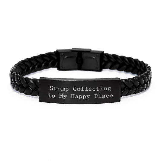 Funny Stamp Collecting Gifts for Men - Interlaced Leather Bracelet with Engraved Stainless Steel for Stamp Collecting Enthusiasts, Christmas Unique Gifts from Friends to Stamp Collectors - Image 1